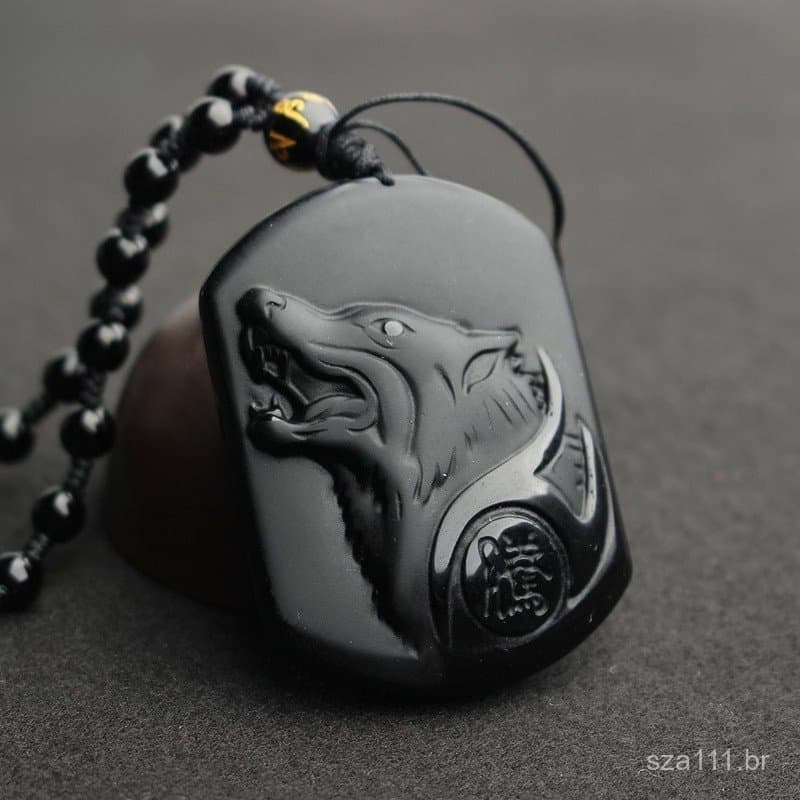 Cordão Com Pingente De Cabeça De Lobo Obsidiana Preta BLWS