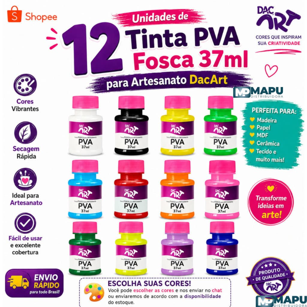 12 Unidades de Tinta PVA Fosca 37ml para Artesanato DacArt
