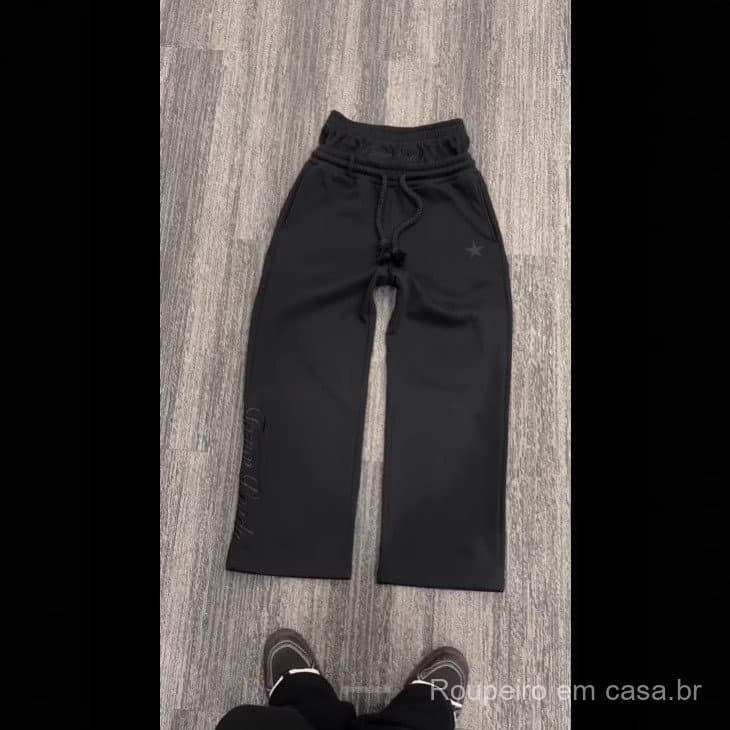 Europeu americano cintura dupla bordado Sweatpants masculino feminino street Wear calças de rua alta falso calças de dua