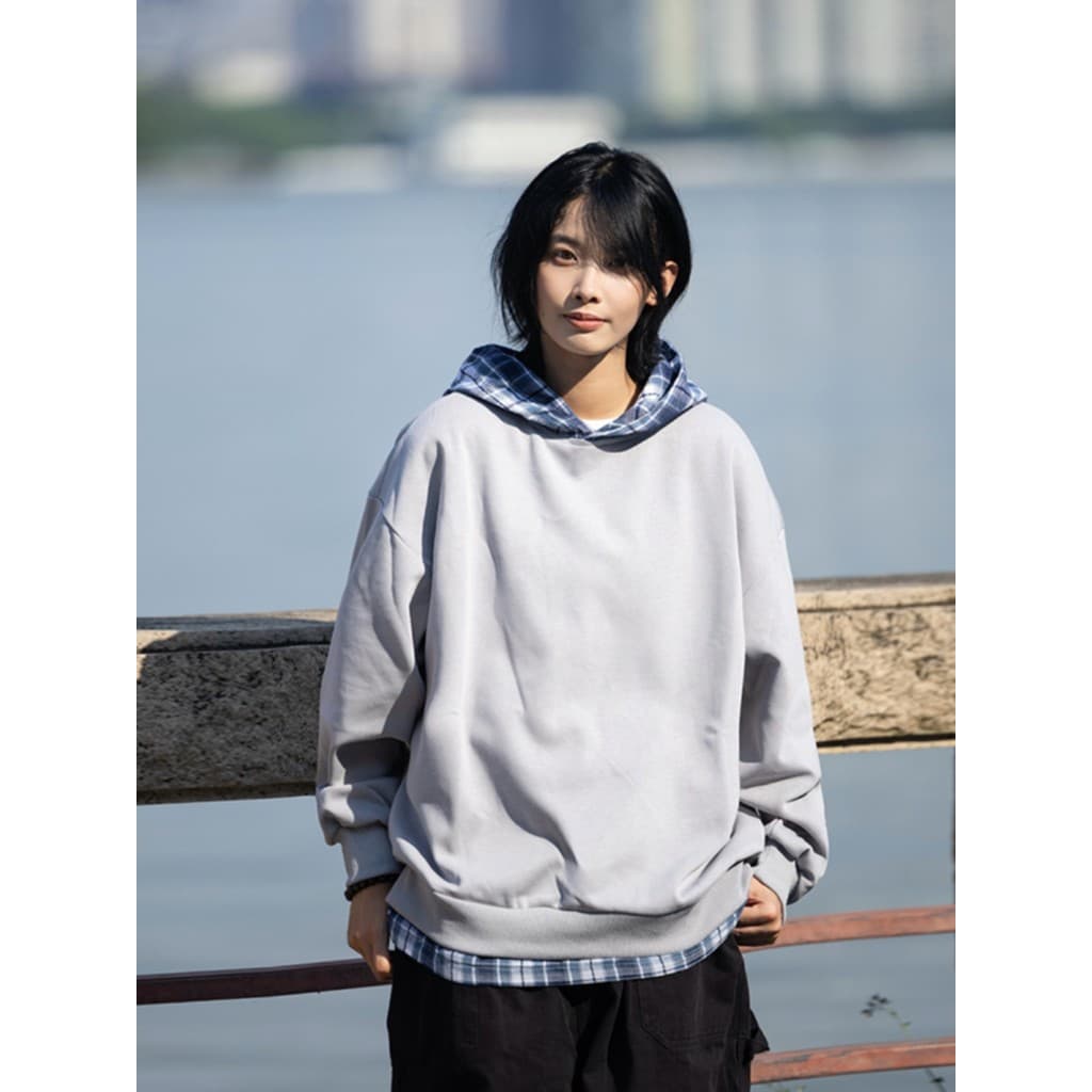 Primavera outono japonês Retro costura falso de duas peças xadrez com capuz moletom masculino feminino perfil solto simp