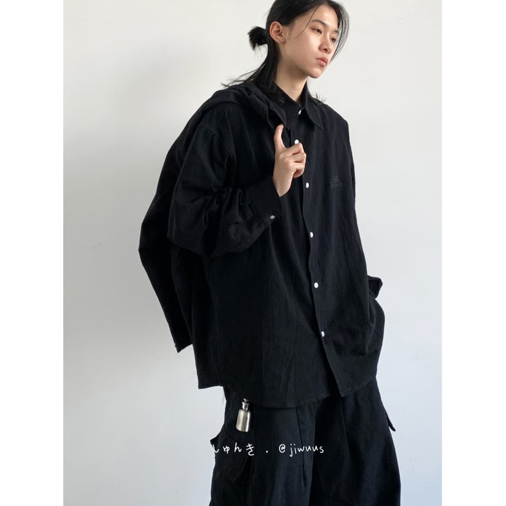 Primavera outono novo estilo japonês Retro Unisex estilo camisa básica cor sólida das mulheres dos homens bordado solto