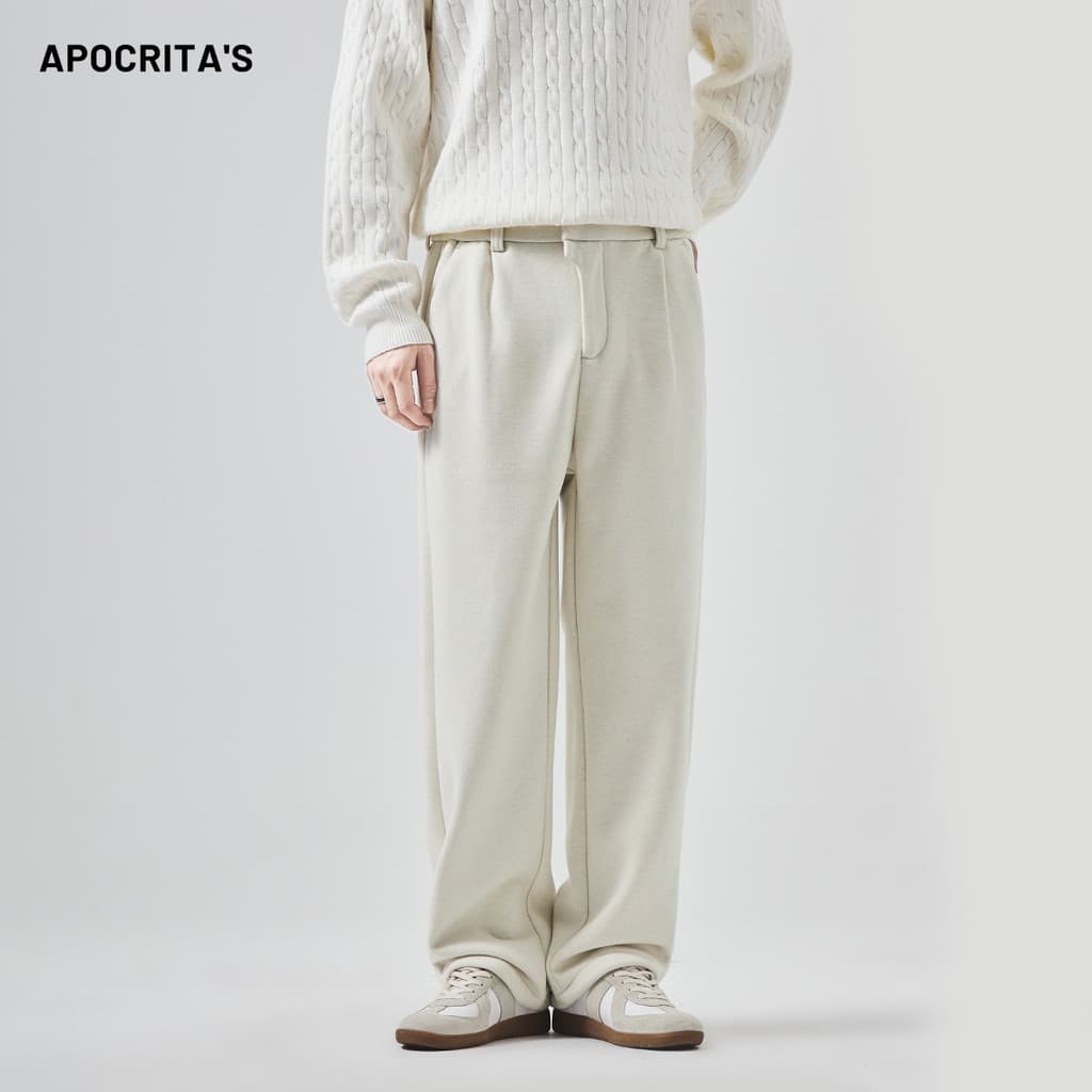 Roupas Masculinas|Calças de lã masculinas forro de lã de inverno engrossado solto cortina reta Anti-rugas calças casuais