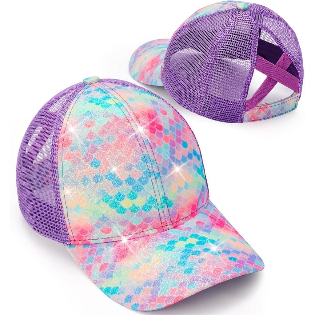 Boné de Beisebol com Glitter para Meninas, Boné com Abertura para Rabo de Cavalo - Boné de Beisebol Infantil com Abertur