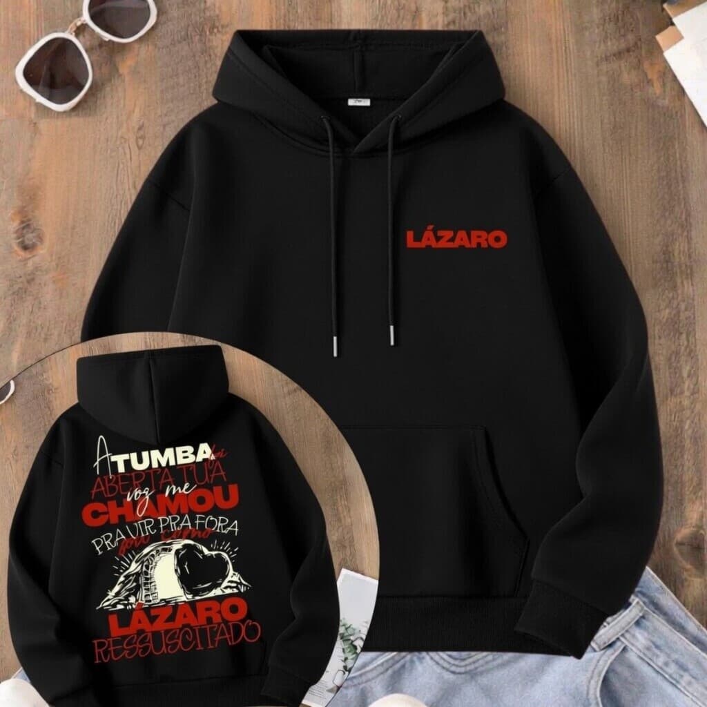 Moletom Canguru Lázaro Ressuscitado Blusa Estampada Religiosa Bolso Canguru Unissex Algodão