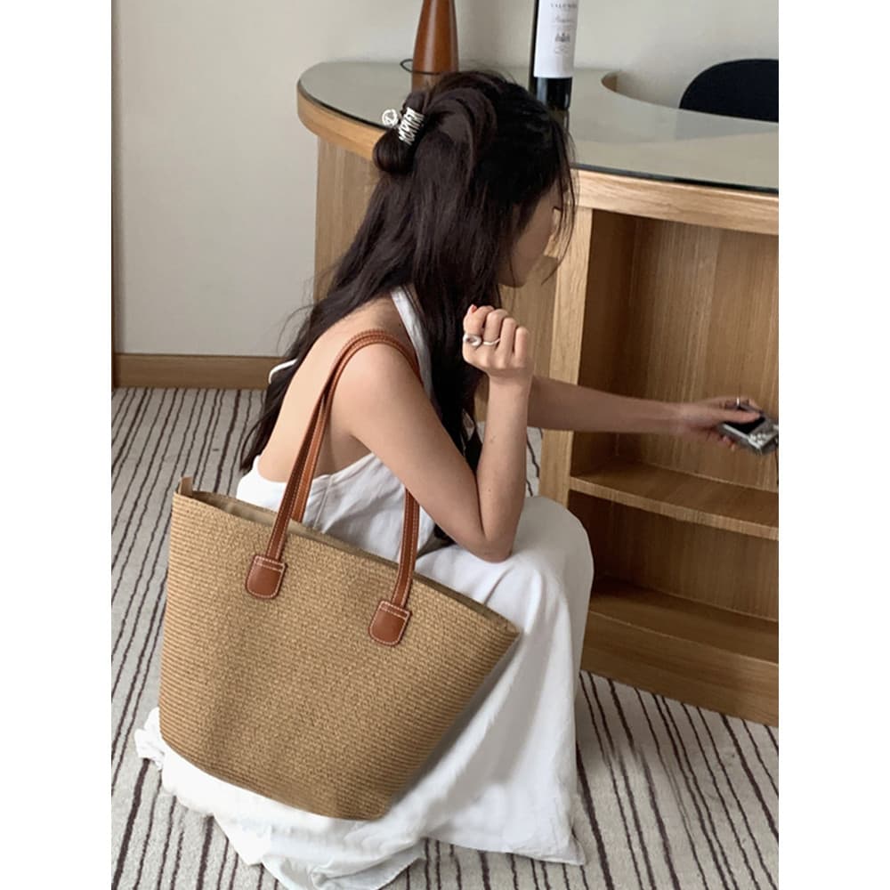 Bolsa de palha tecida francesa de grande capacidade feminina novo estilo cesta de vegetais bolsa de ombro praia férias b