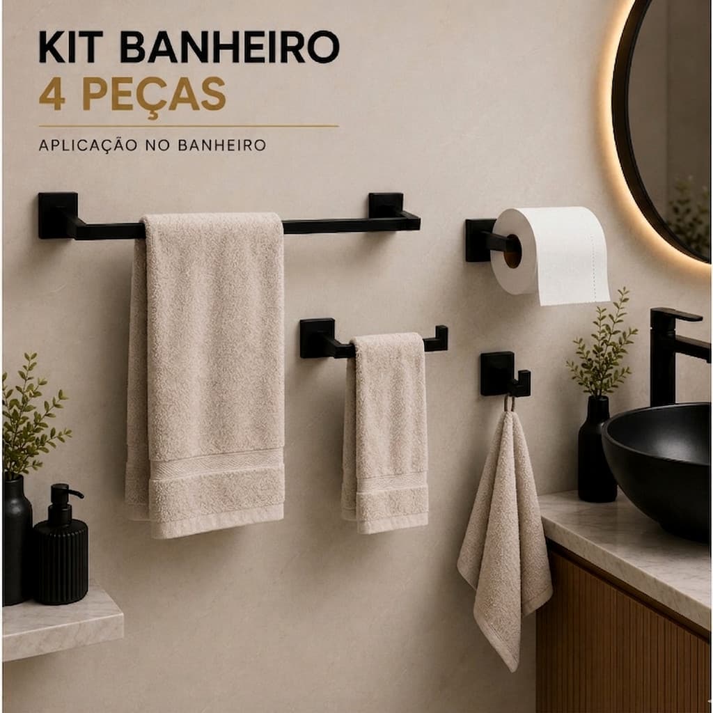 Kit Banheiro Acessórios Aço Inox Preto Brilhante Premium 4 Peças