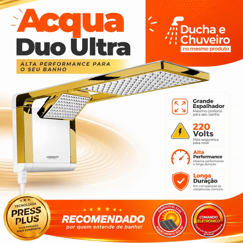Chuveiro Lorenzetti Acqua Duo Ultra Branco Dourado 220V 110V Ducha Eletrônica