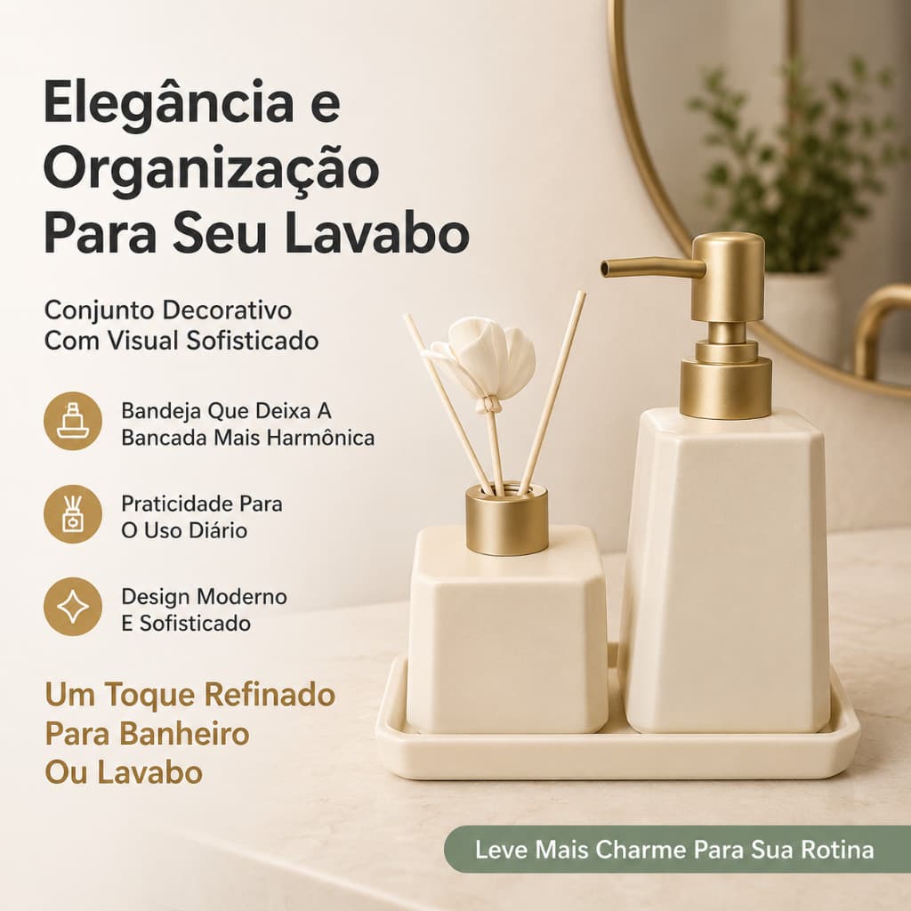 Kit Banheiro Cerâmica Luxo Porta Sabonete Líquido Difusor Aromas Bandeja Decorativa "Envio imediato"