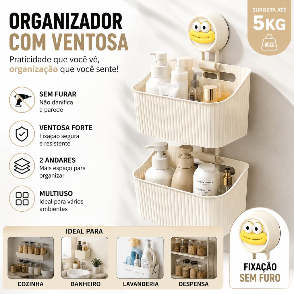 Cesta Organizadora 2 Andares com Ventosa Resistente - Adequado para cozinha Fácil de Limpar