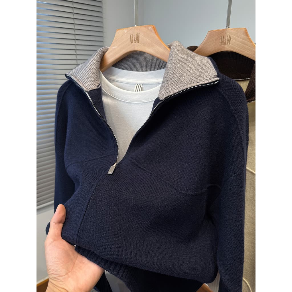 Contraste cor lapela Cardigan malhas masculinas versão coreana solto outono inverno engrossado camisola jaqueta esportes