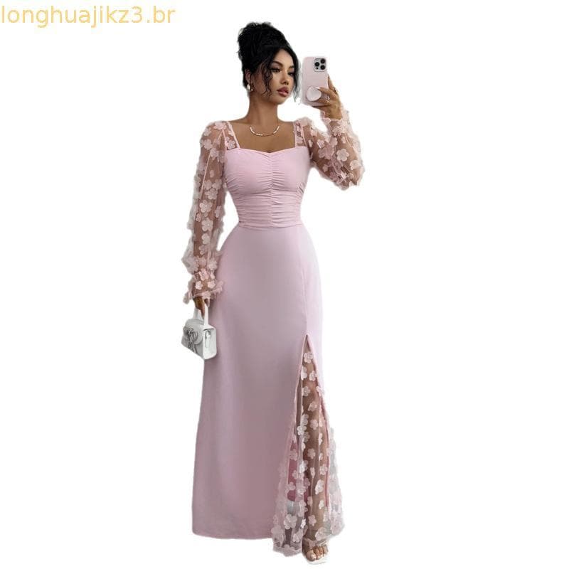 Vestido Maxi Feminino De Manga De Malha Floral , Elegante , Gola Quadrada , Cintura Alta , De Noite Formal Com Fenda