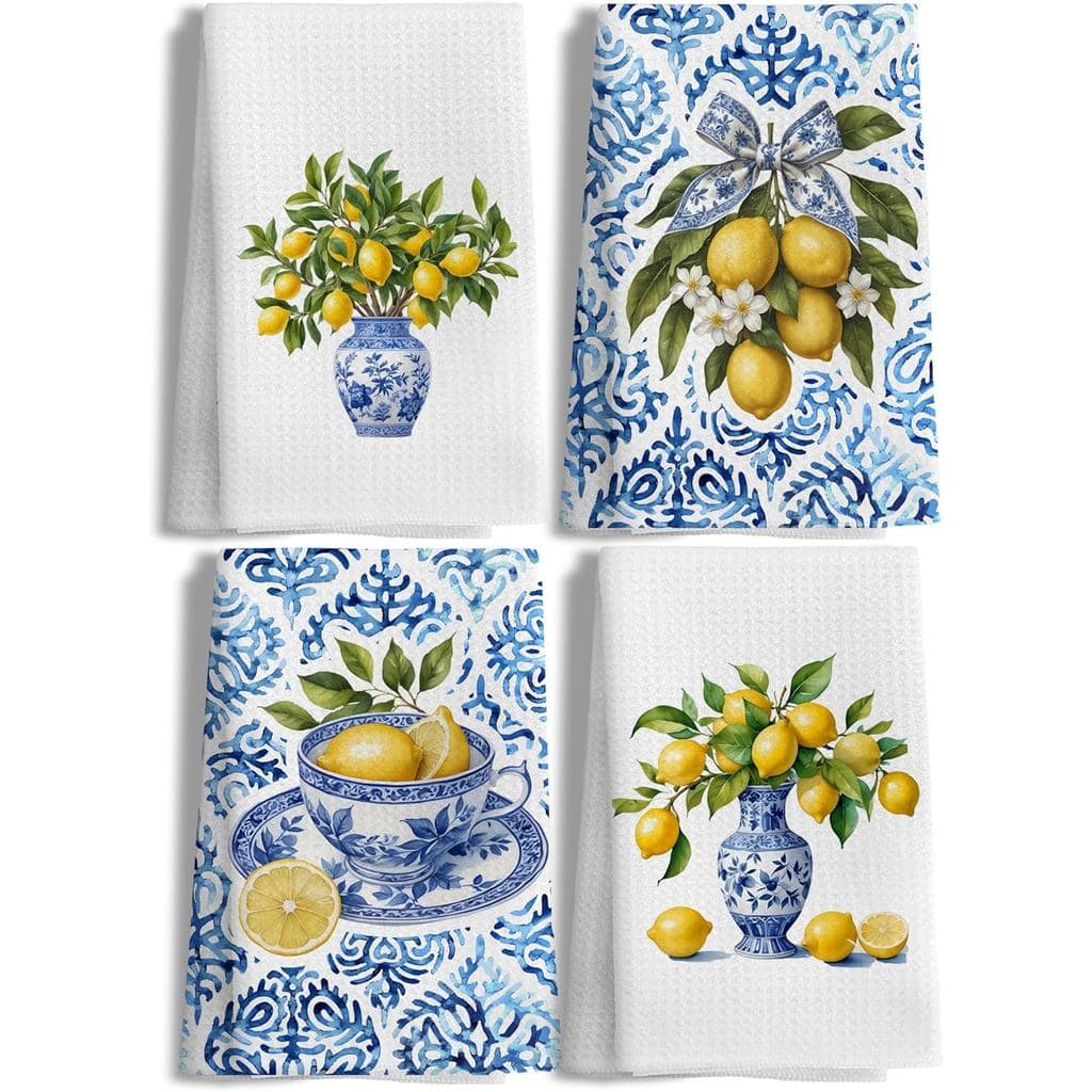 Conjunto De Toalhas De Cozinha De Limão Italiano Amalfi Coast Decor Com 4 , Azulejo Azul E Branco , Prato De Verão , Chá