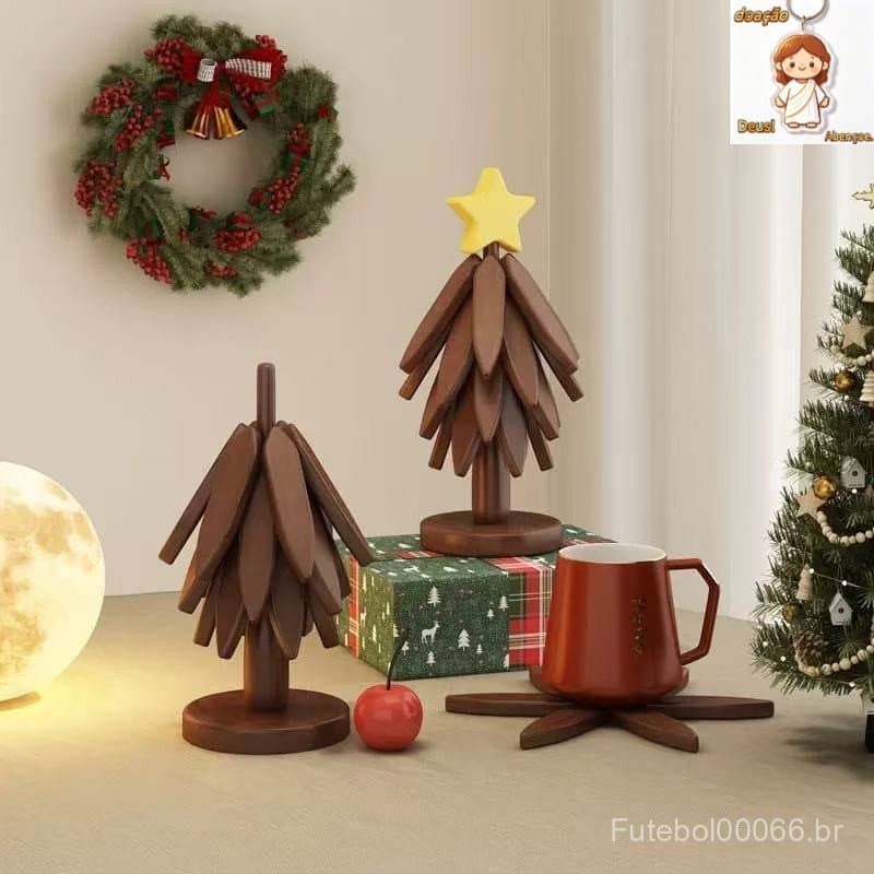 Árvore com 5 Suporte de Panela Quente de Bambu em forma de Árvore de Natal com Ponta de Maça Descanso para Mesa（Dar chav