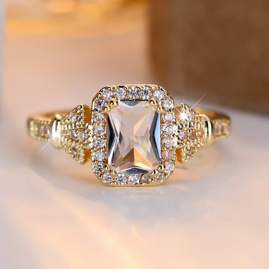 [Estoque pronto] Anel retangular de diamante branco elegante geométrico cheio de diamante elegante proposta de noivado a