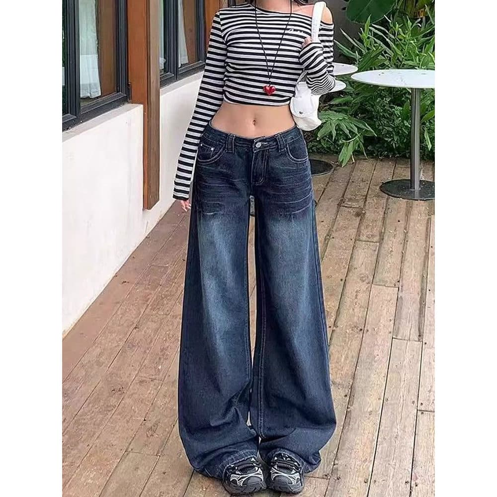 Retro azul escuro cinza calças de brim de perna larga feminino primavera novo estilo mais magro olhar quente menina gato