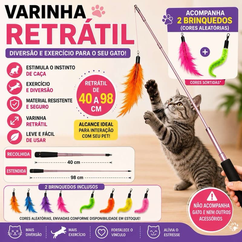 Varinha Interativa para Gatos Retrátil 98cm com Pena e Lagarta Brinquedo Pet yuu yh8170