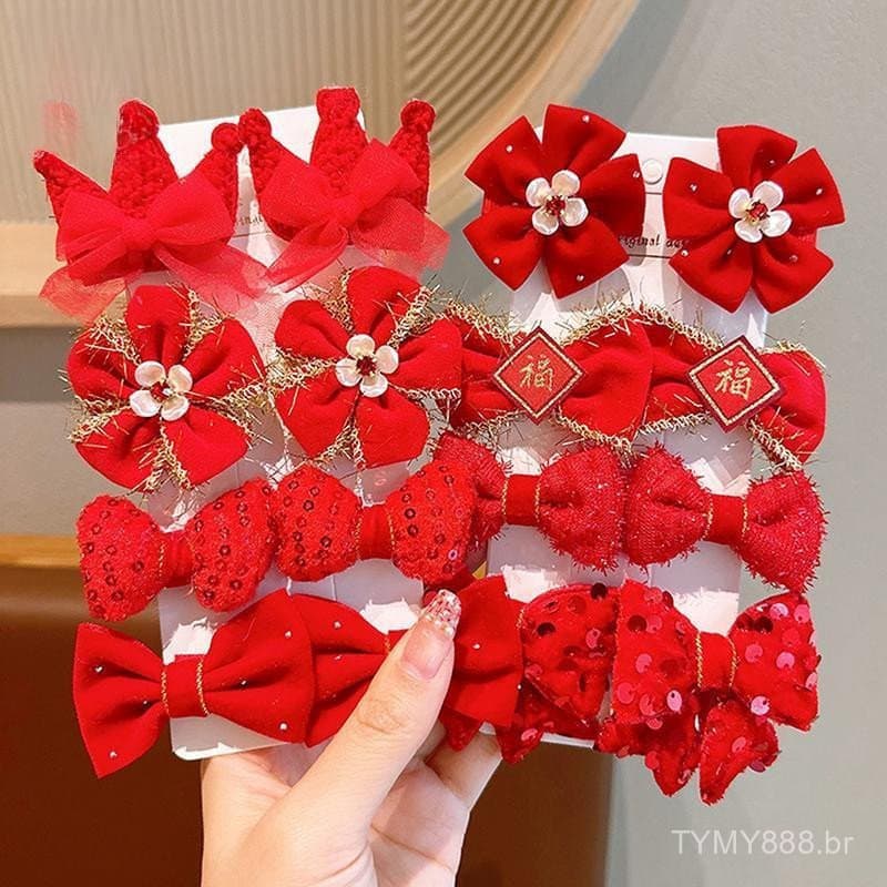 Conjunto de 8 peças de presilhas de cabelo infantis com laço vermelho, acessórios de cabelo feitos à mão, presente de An
