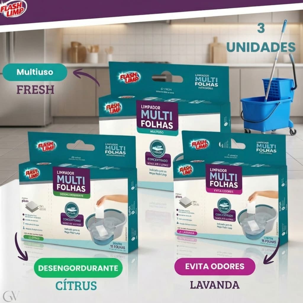 Kit C/3 Multi Folhas Limpador Multiuso Desinfetante Desengordurante Solúvel