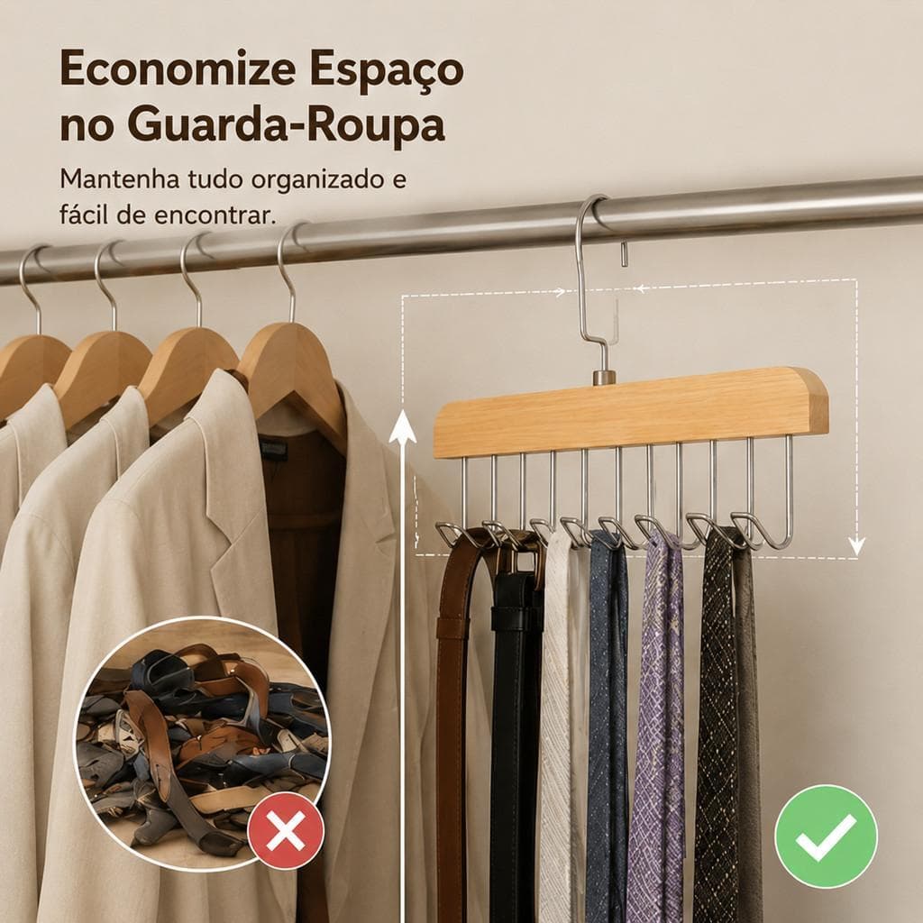 Cabide Organizador Multifuncional 8 Ganchos Madeira para Cintos Gravatas Bolsas e Lenços