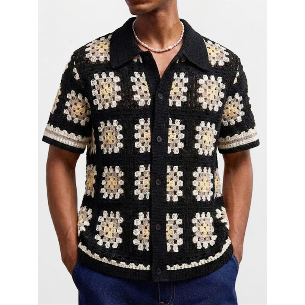 2026 verão europeu americano masculino contraste cor crochê de manga curta camisa polo de malha oco All-Match camisa mas