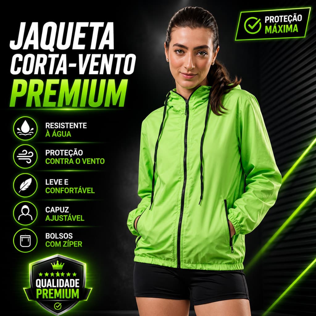 Jaqueta Corta Vento Feminina Sport Térmica UV50 Verde Neon Capuz