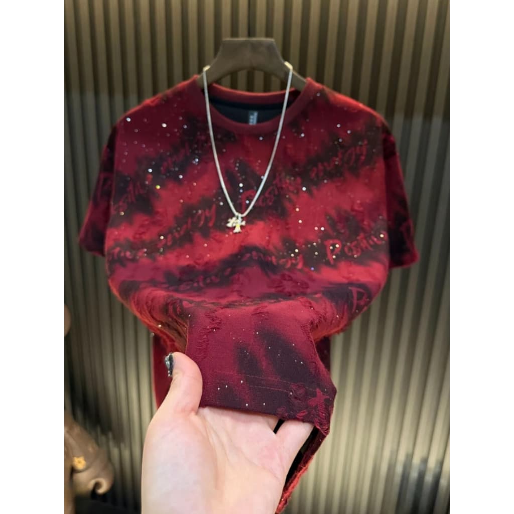 Luz de luxo moda tendência Gypsophila rasgado manga curta camiseta masculina único bonito High-End Street Wear topo em t