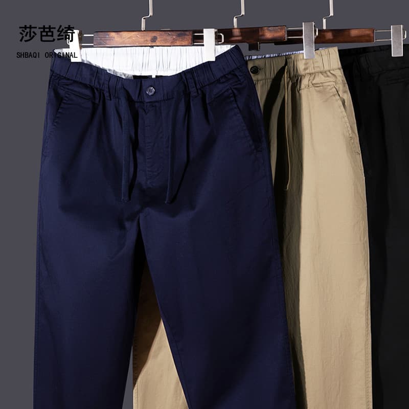 Primavera verão fino estiramento masculino Wear em linha reta tornozelo-perna calças casuais cintura elástica All-Match