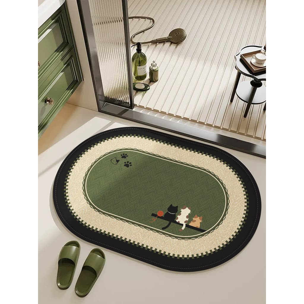 Estilo japonês bonito gato bola Oval tapete de chão fundo verde espinha de peixe padrão porta de entrada do banheiro abs
