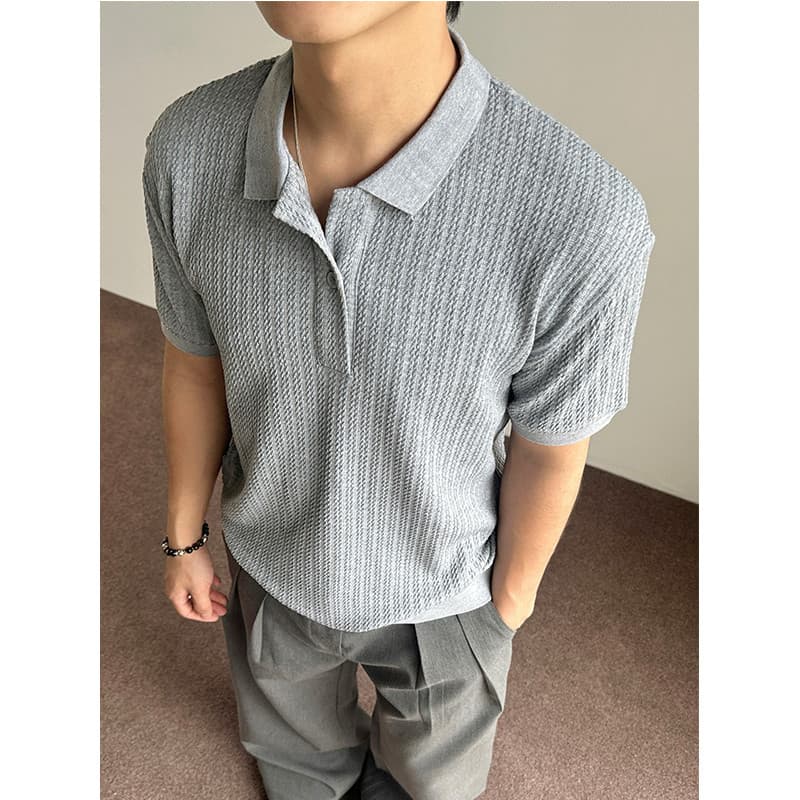 Verão luz luxo antigo dinheiro estilo trigo orelha textura Henry colarinho de manga curta camisa polo masculina fino-aju