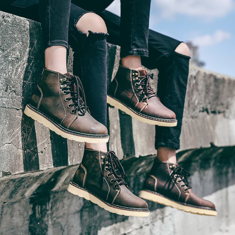 Botas masculinas de couro genuíno genuíno ao ar livre botas gerais na moda Martin botas curtas botas femininas respiráve