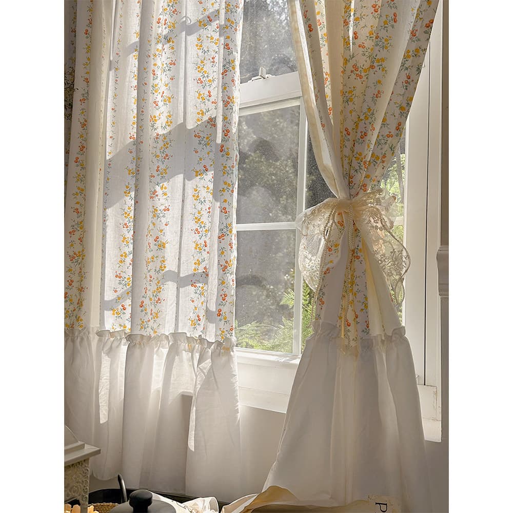 Cortina de linho de algodão Floral pequena americana costura branca babados francês retrô meia cortina quarto janela sal