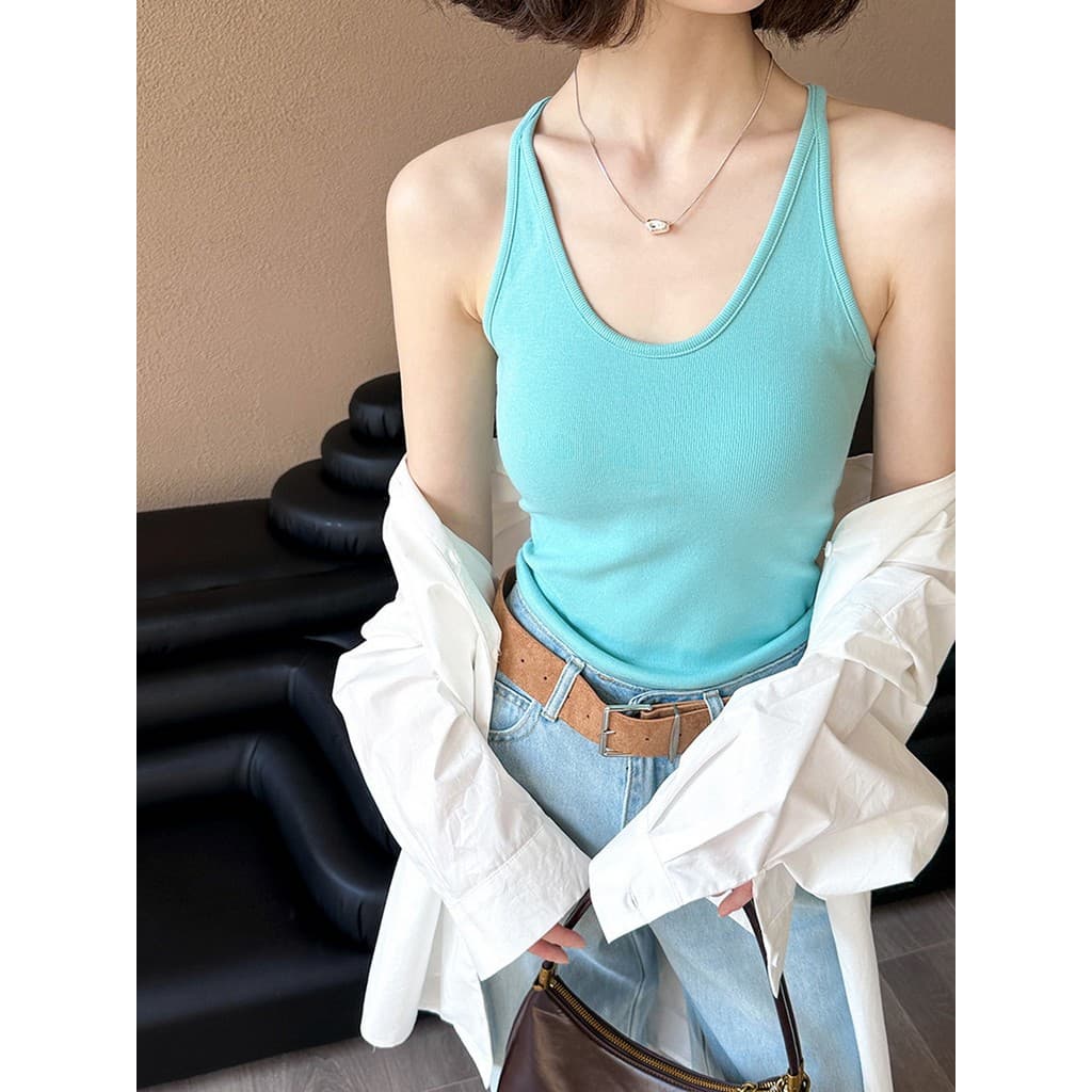 2026 novo estilo Halter pescoço camisola feminina almofada no peito uma cor doce roupa interior exterior moda feminina t