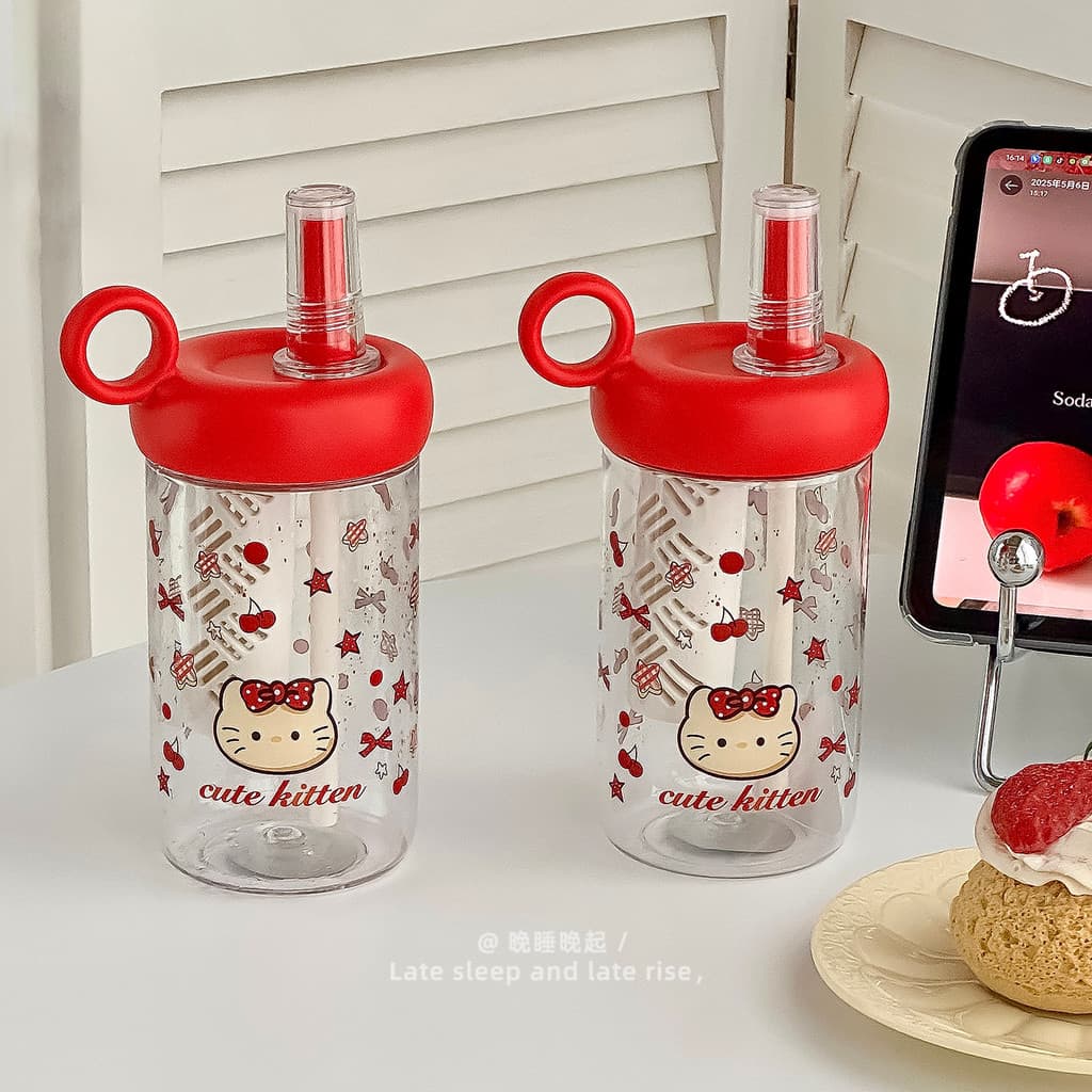 Bonito vermelho kt gato transparente prático copo dos desenhos animados com palha estudante menina coração copo de água