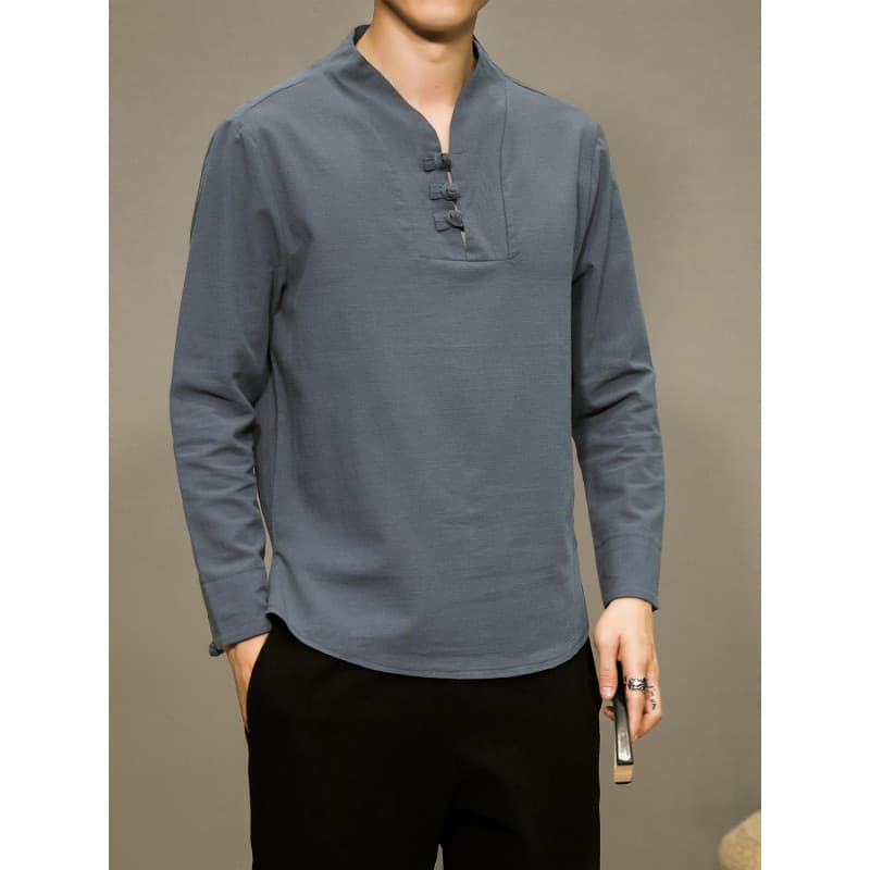 Primavera de manga comprida camiseta masculina estilo chinês botão de disco com decote em V Hanfu chinês Retro Layman Ze