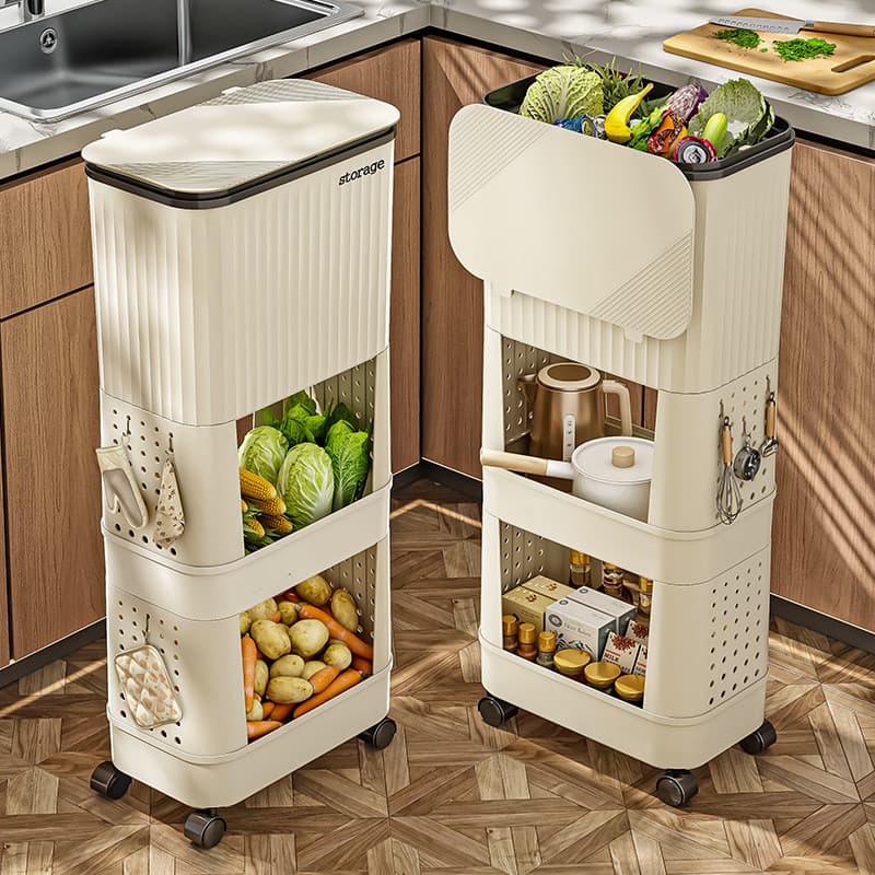 Lata de lixo de cozinha estilo doméstico de grande capacidade com tampa sem curvatura dupla camada móvel multifuncional
