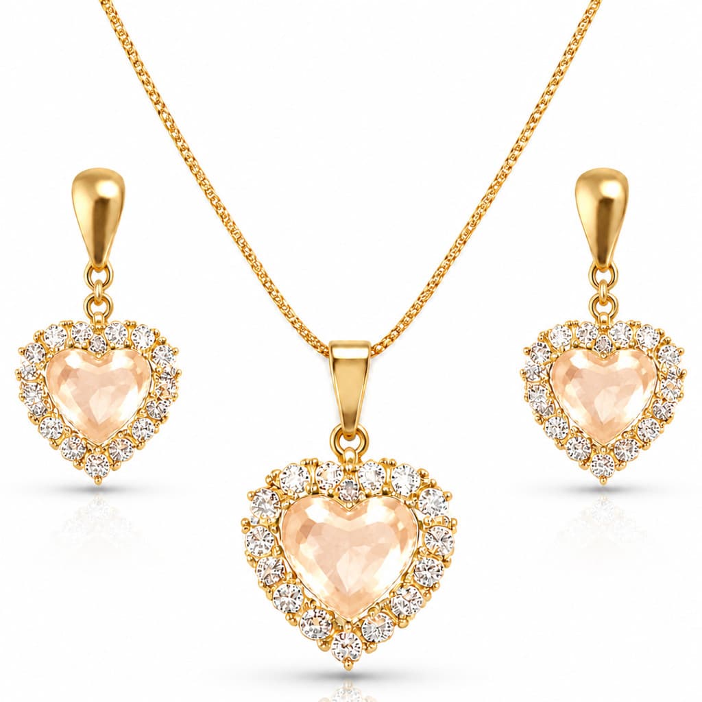 Conjunto Colar e Brinco Coração Pedra Rosa Rose Folheado a Ouro 18k