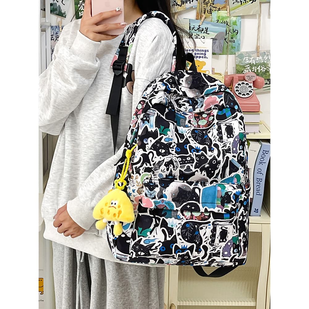 Campus mochila feminina ins nicho impressão bonito gatinho Graffiti estudante mochila feminina leve mochila de grande ca