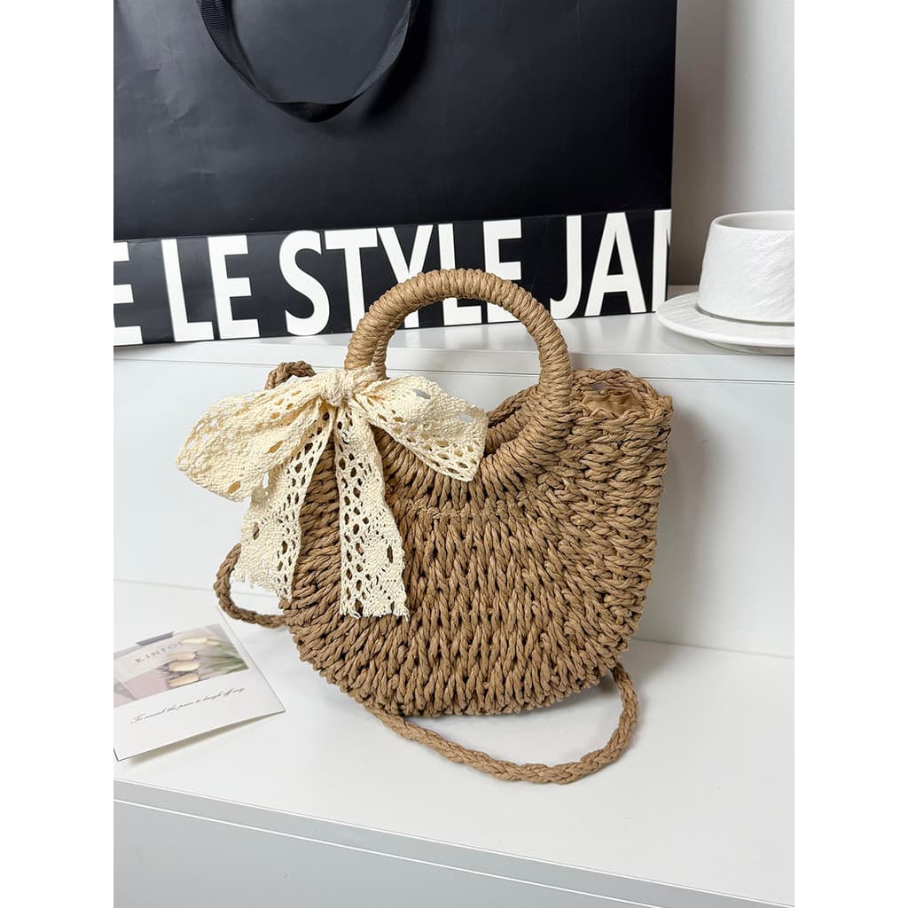 Lenço de seda com laço de alto valor, bolsa de palha tecida, estilo férias à beira-mar, cruz de um ombro @-