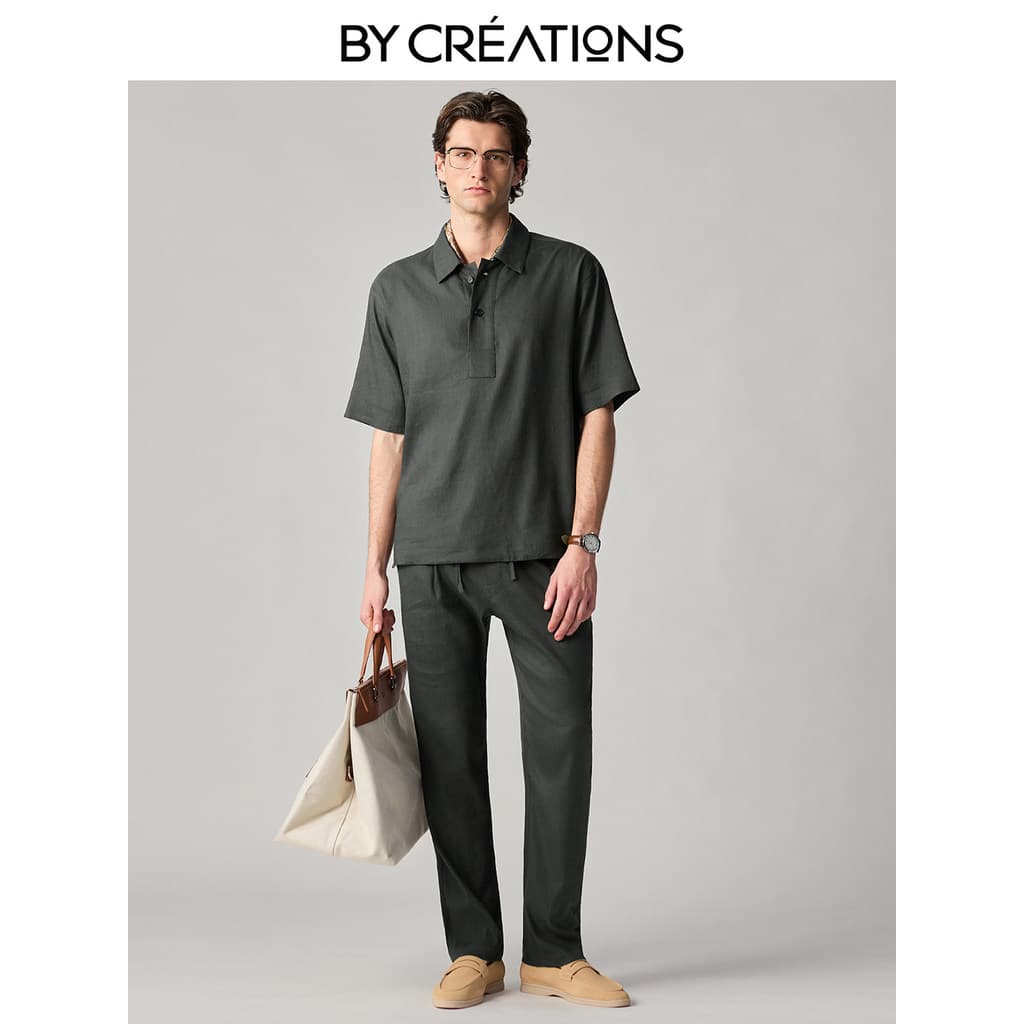 [Terno de linho estilo dinheiro antigo] Baipin verão respirável conjunto Casual camisa masculina verde de alta qualidade
