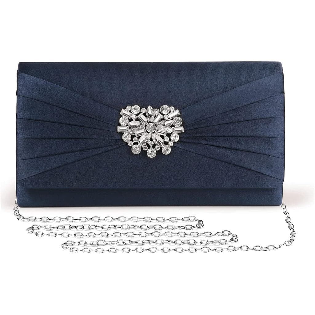 Bolsa de Mão Feminina para Noite com Cetim Plissado e Broche de Strass, Bolsa de Festa com Alça de Corrente Removível