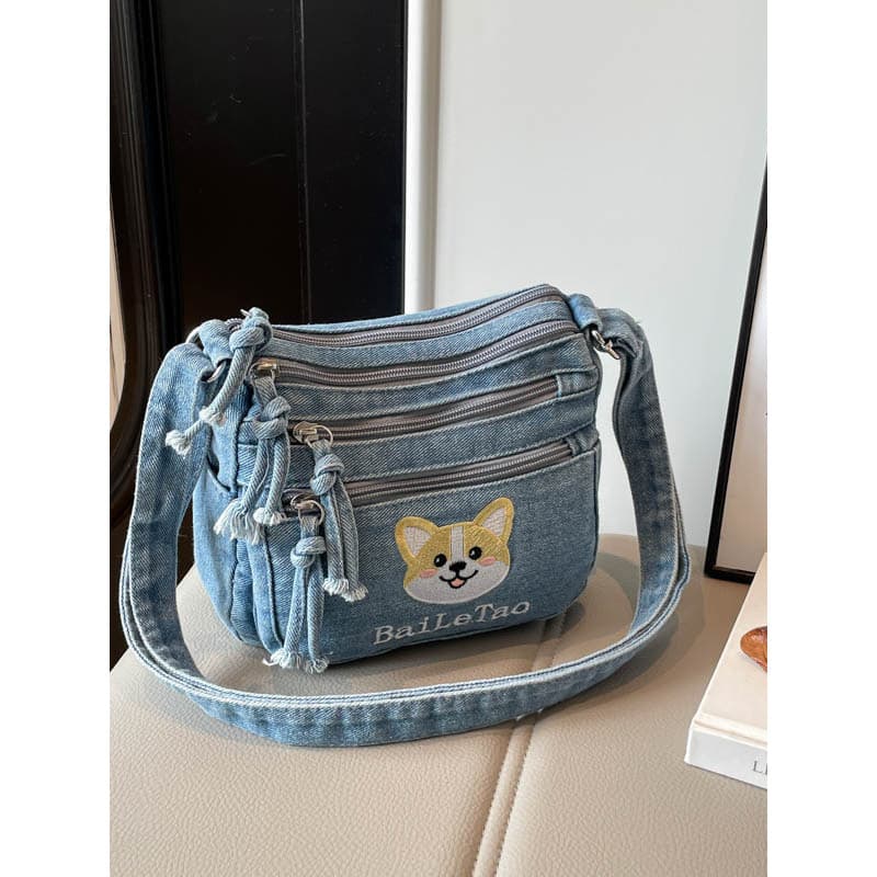 Bolsa jeans feminina 2026 novo estilo bonito Corgi bordado bolsa de ombro Retro lavado pano saco All-Match estudante sac