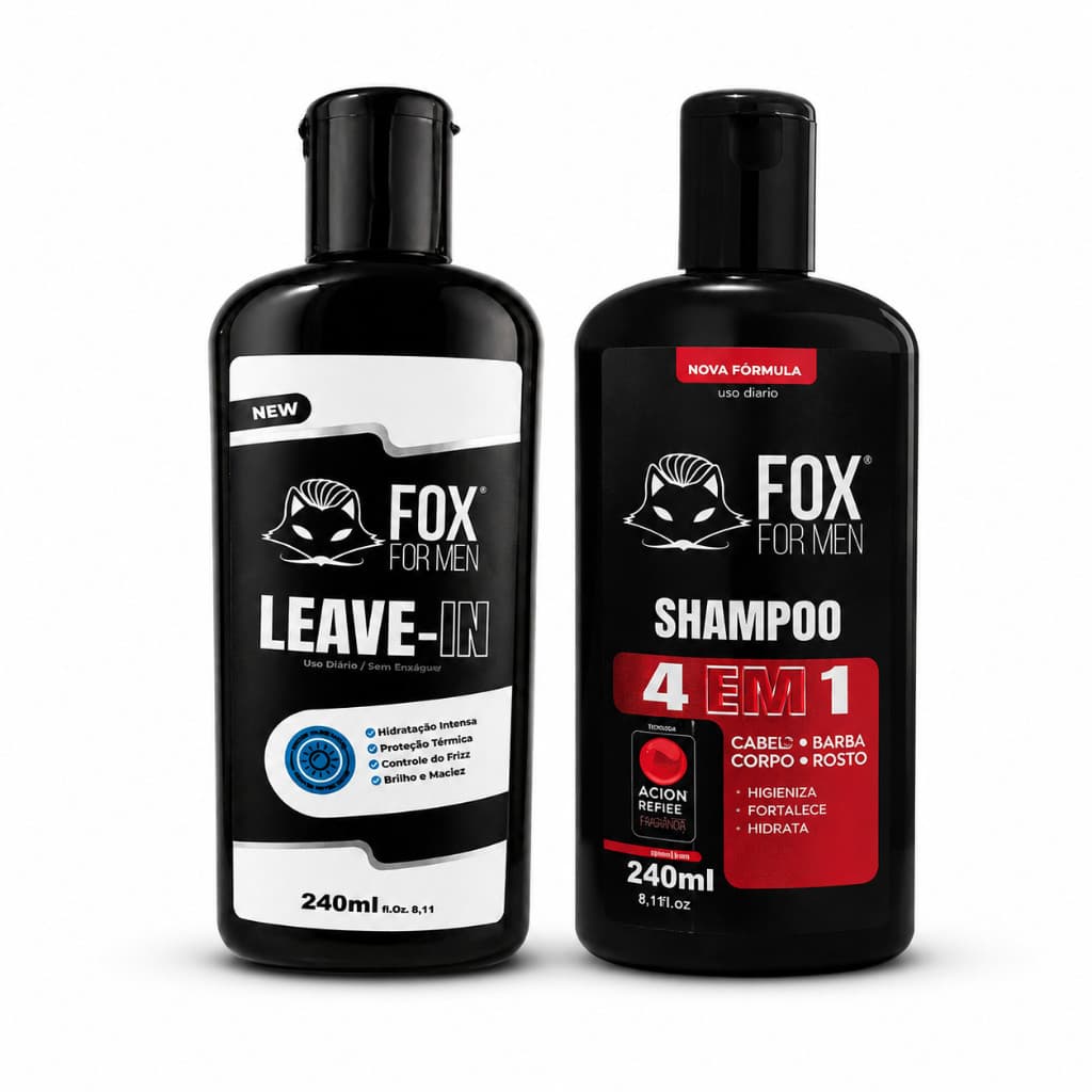 Kit Shampoo Masculino 4 em 1 + Leave-In Sem Enxágue Fox For Men Limpeza Hidratação Controle Frizz