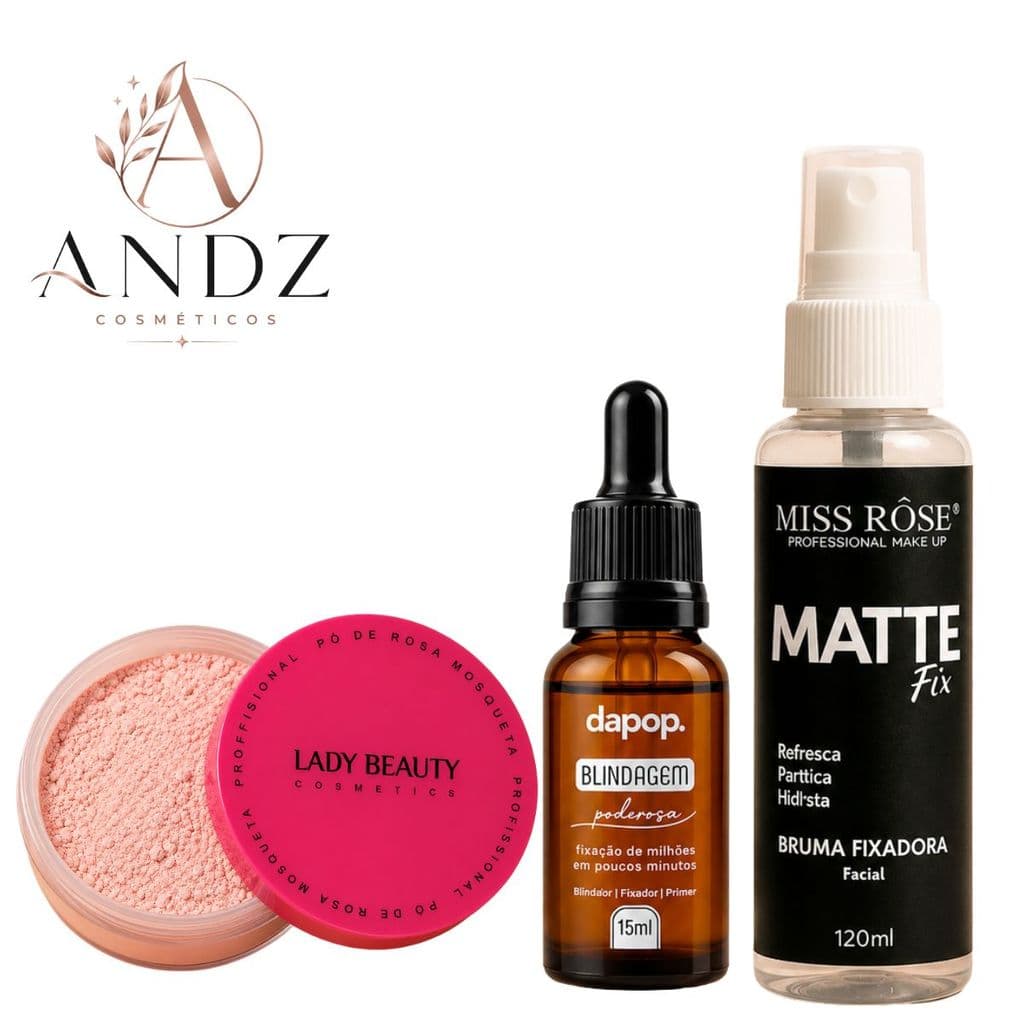 Kit Blindagem Dapop + Bruma Matte Miss Rose + Pó Rosa Mosqueta Lady Beauty Fixador