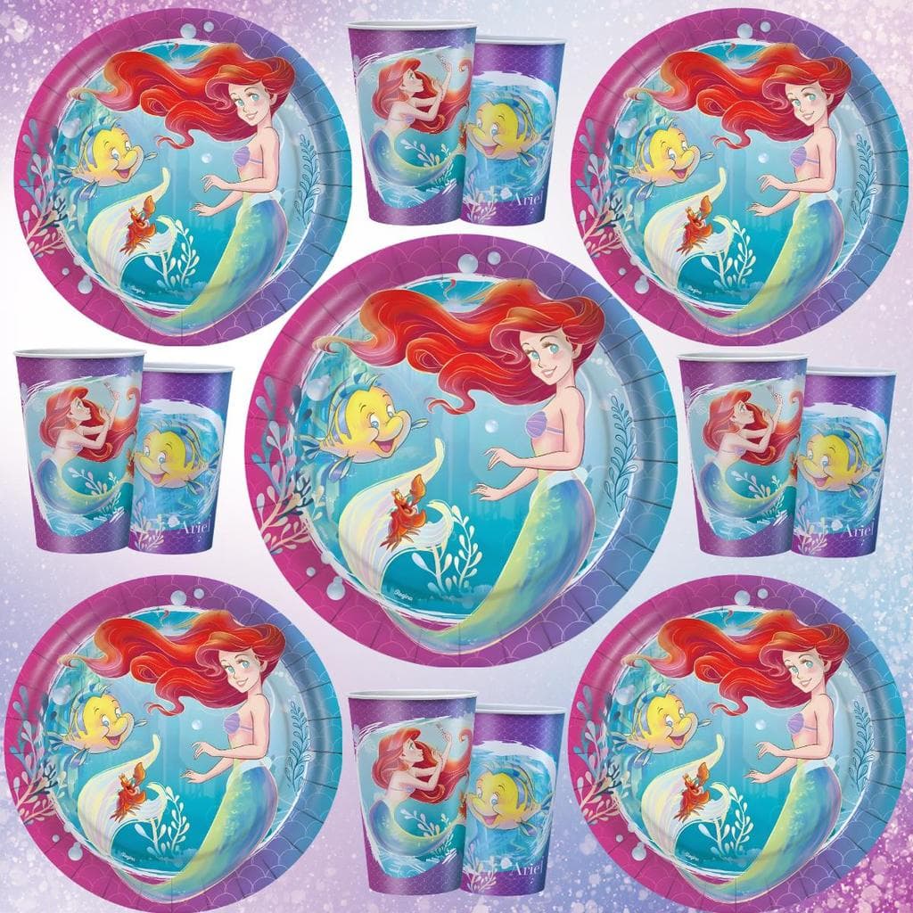 Kit Festa Ariel Pequena Sereia Pratos Copos Princesas Descartáveis Decoração Aniversário Infantil