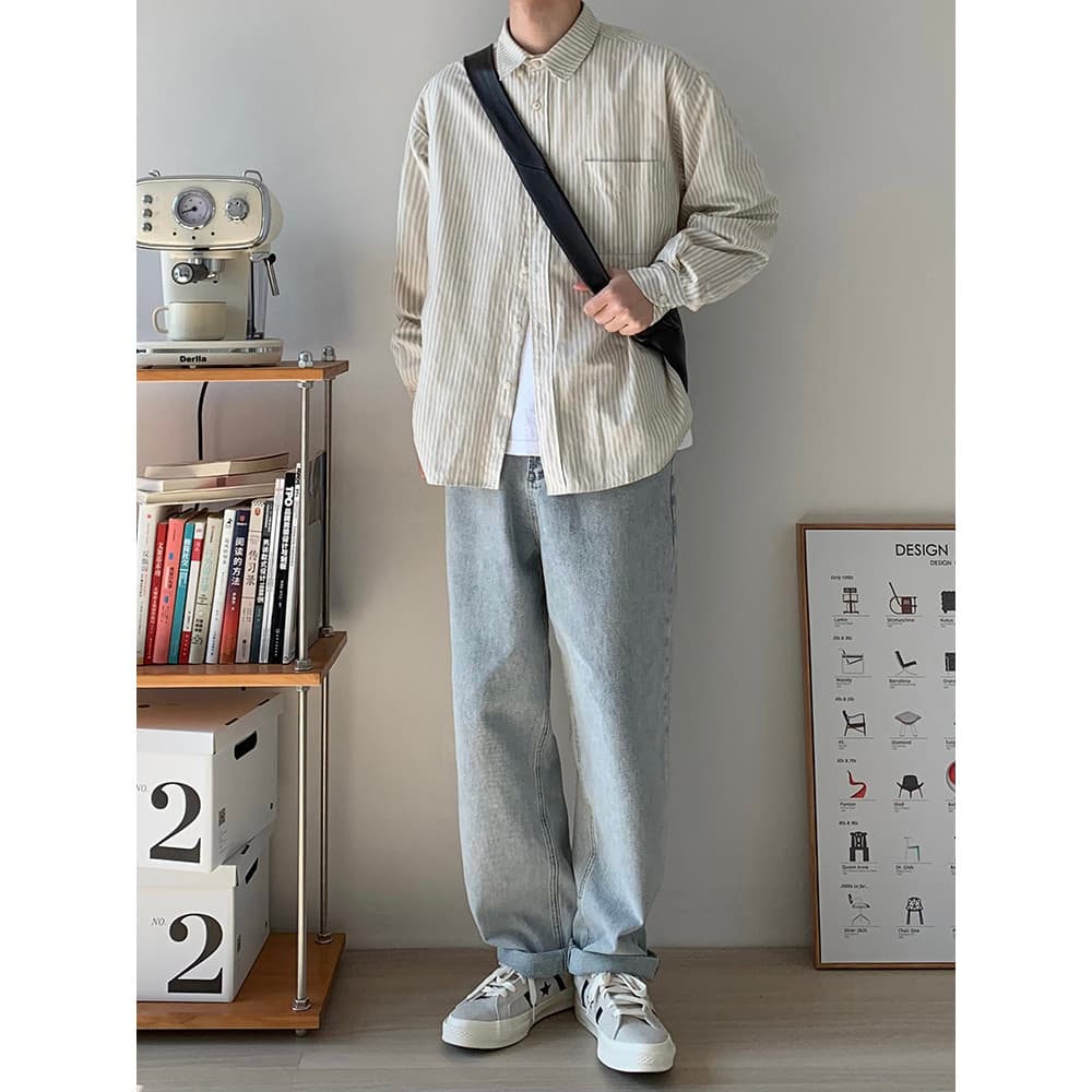 2025 novo estilo primavera outono cáqui cor clara camisa listrada japonês cityboy solto manga longa camisa Casual mascul