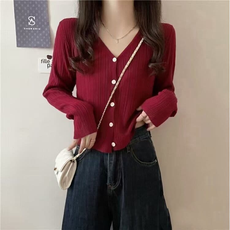 Primavera outono novo estilo solto estilo preguiçoso manga comprida com decote em v malha Cardigan topo feminino estilo