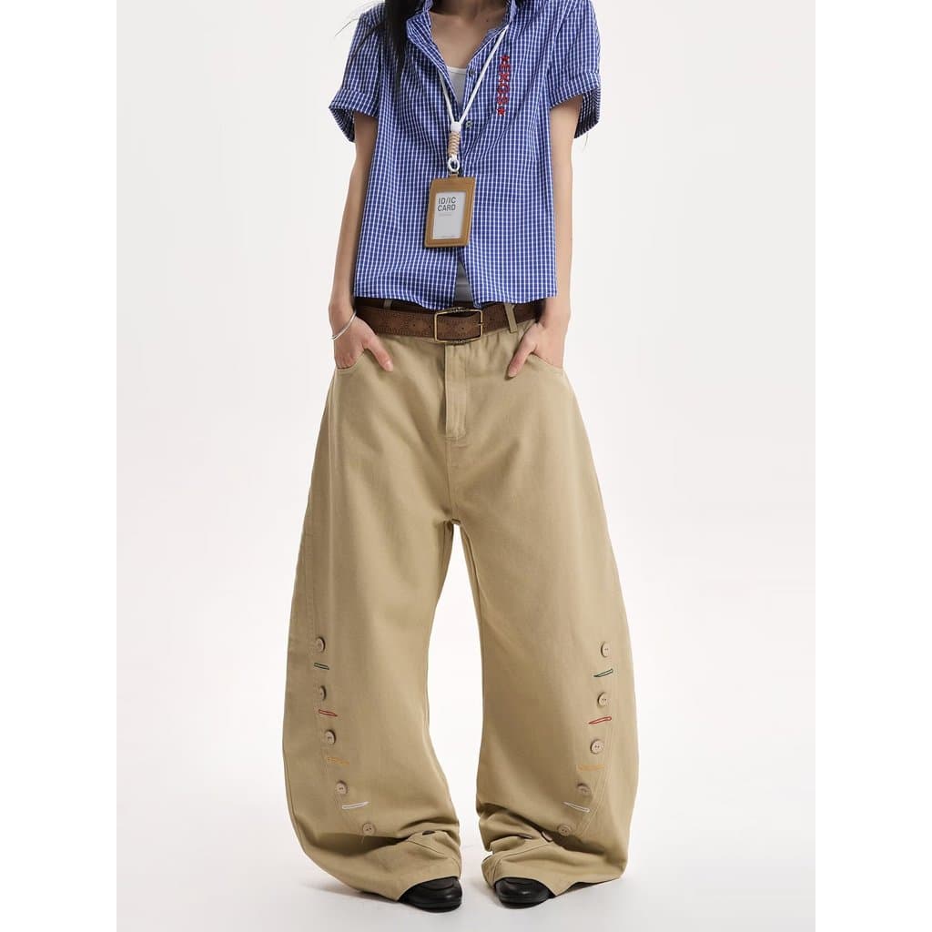 Americano Retro botão Machete calças Jeans feminino solto Drape Casual calças de perna larga Design sentimento calças de