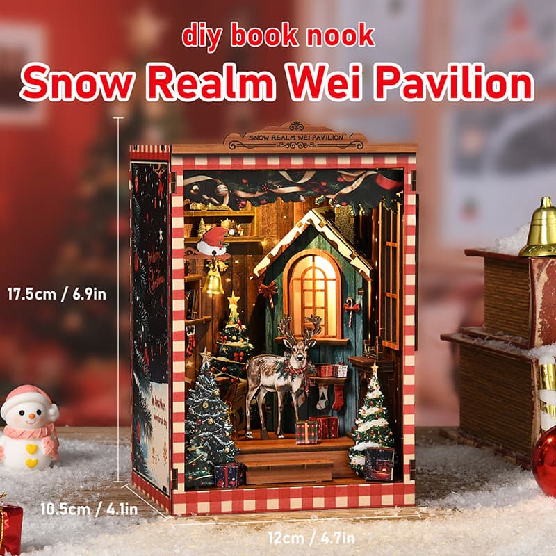 Produto novo para presente de Natal: Espelho de Neve Micro Pavilhão DIY, modelo de casa em miniatura para apoio de livro