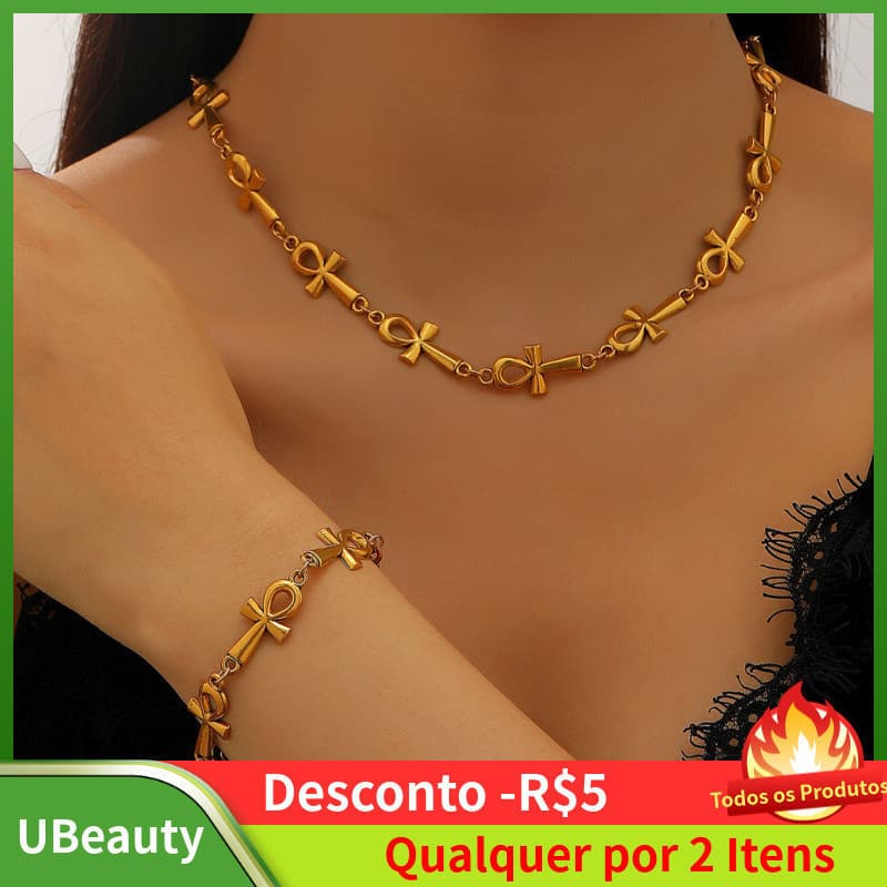 Conjunto de colar e pulseira com cruz, joias míticas egípcias antigas Anka, corrente gótica para clavícula, acessórios d