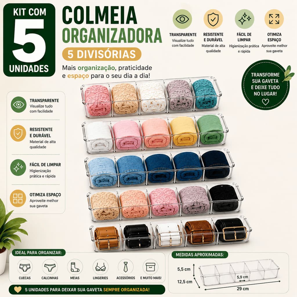 Kit 5 Organizadores de Gaveta Transparente com 5 Divisórias | Colmeia Multiuso para Roupas